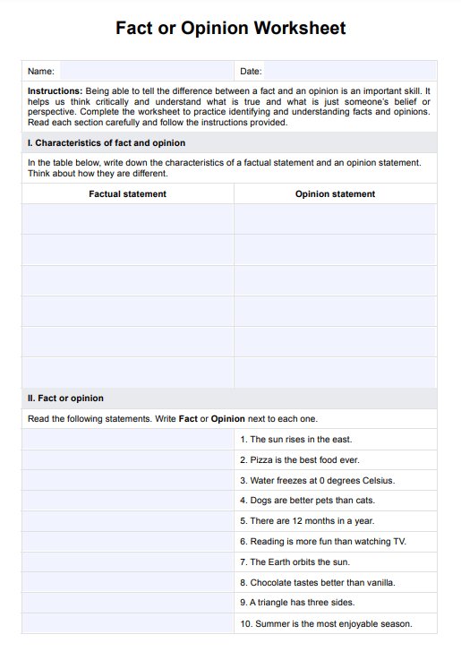 Fact or Opinion Worksheet PDF Example