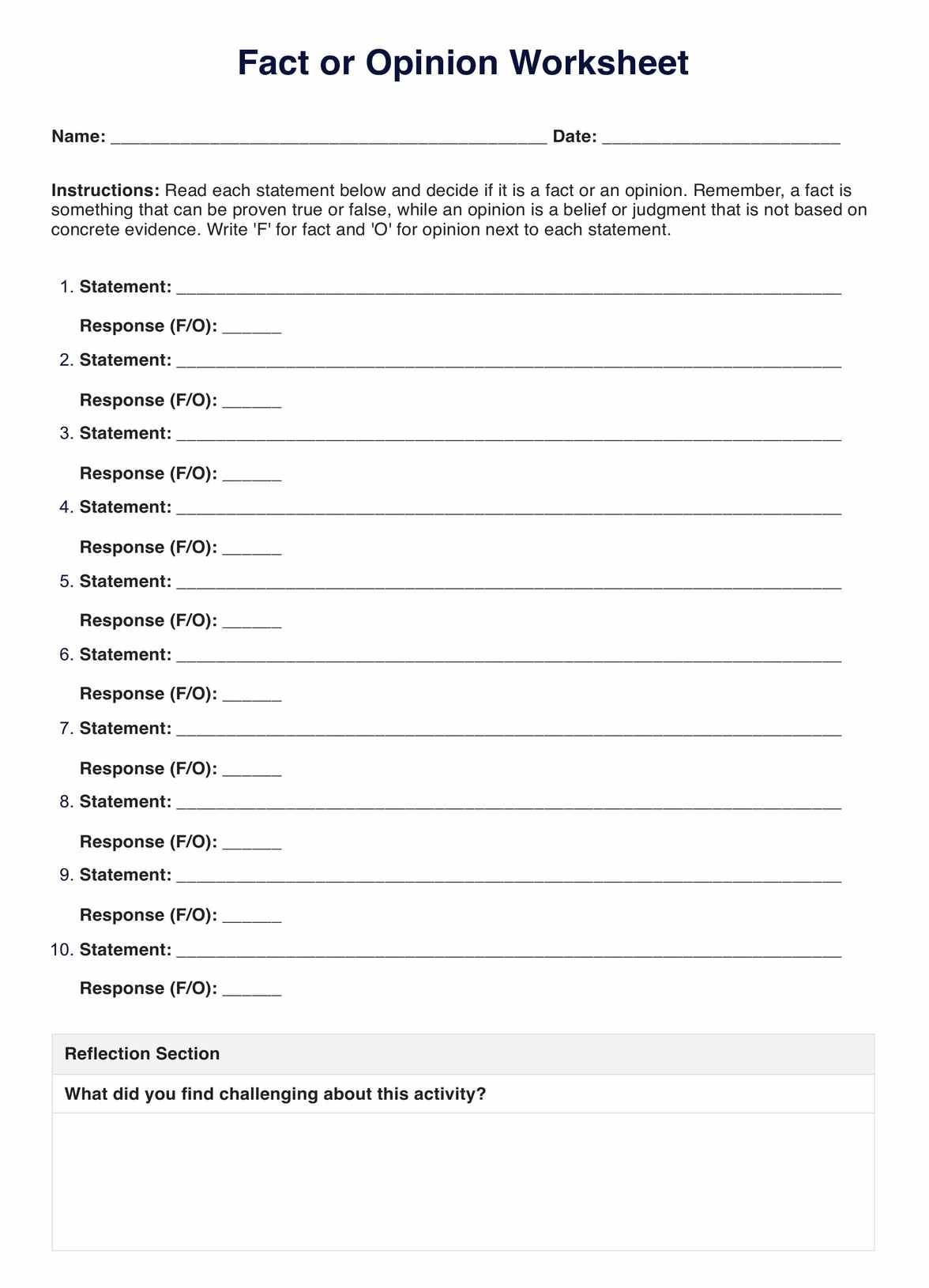 Fact or Opinion Worksheet PDF Example
