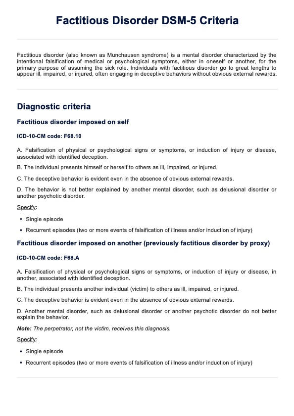 Factitious Disorder DSM-5 Criteria PDF Example