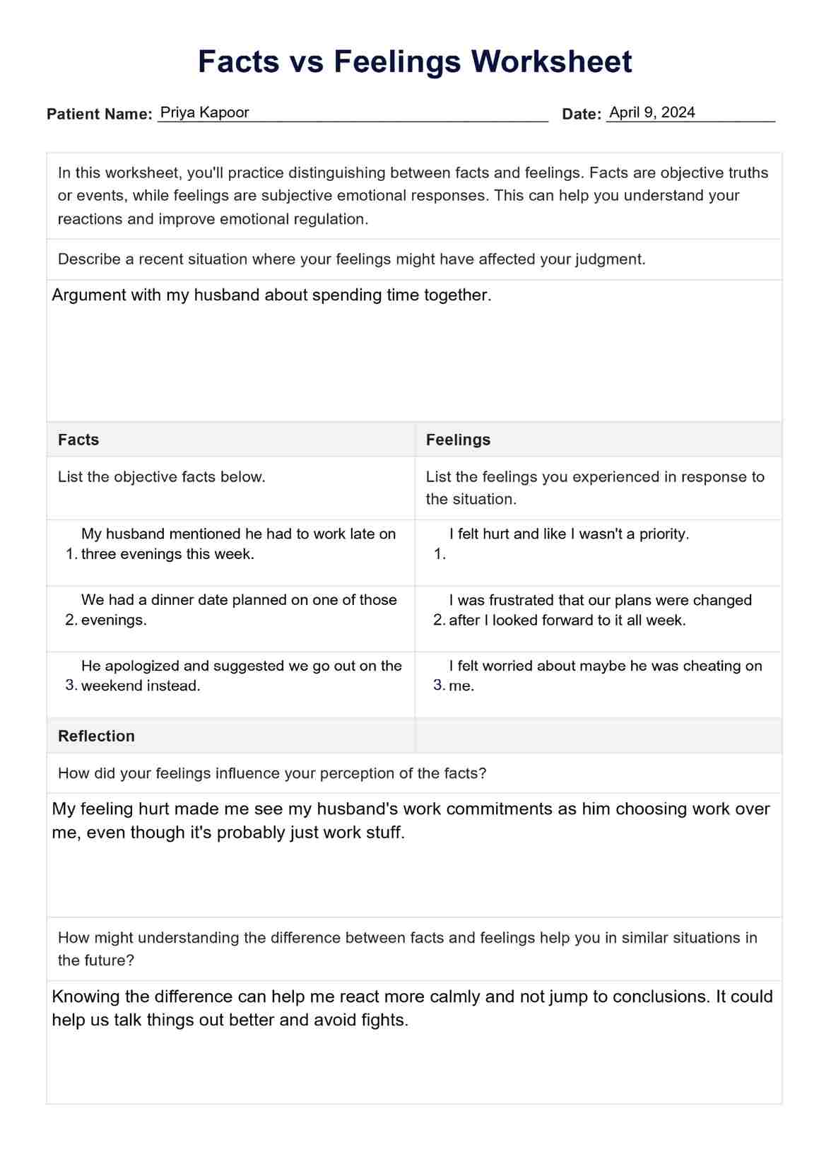 Facts vs Feelings Worksheet PDF Example