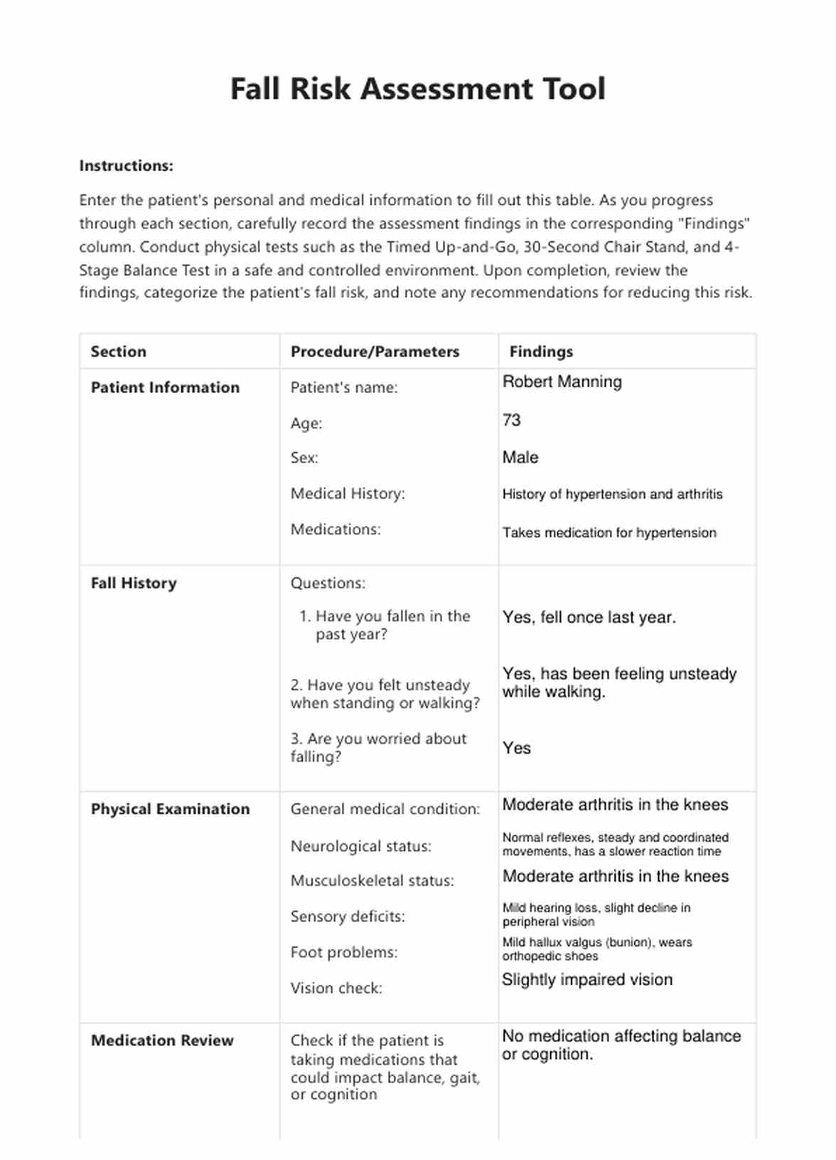 Falls Risk Assessment PDF Example