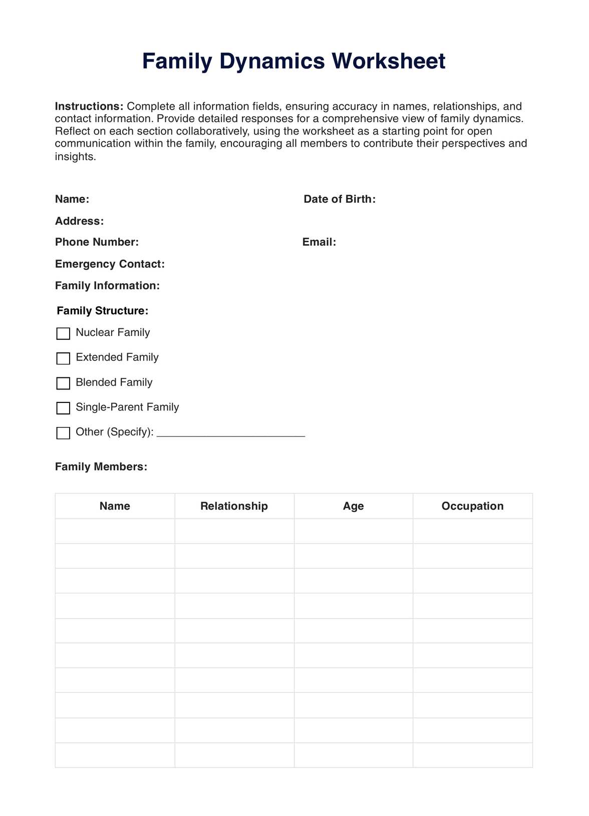 Family Dynamics Worksheet PDF PDF Example