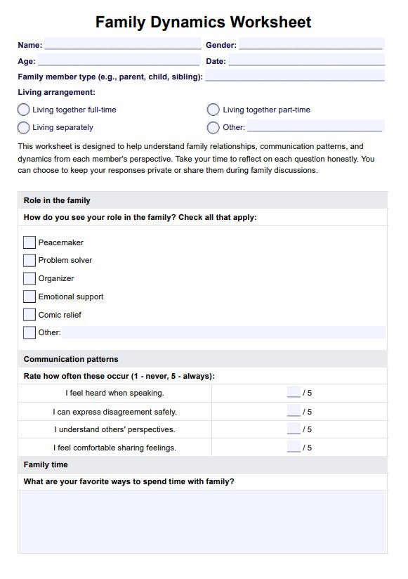 Family Dynamics Worksheet PDF PDF Example