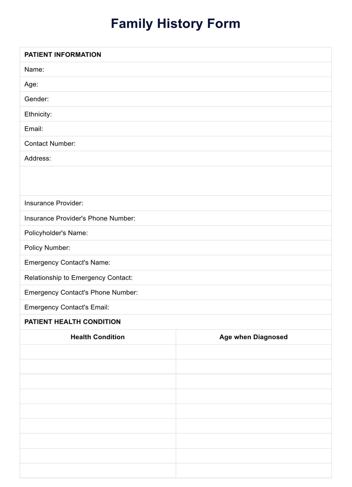 Printable Family History Form PDF Example
