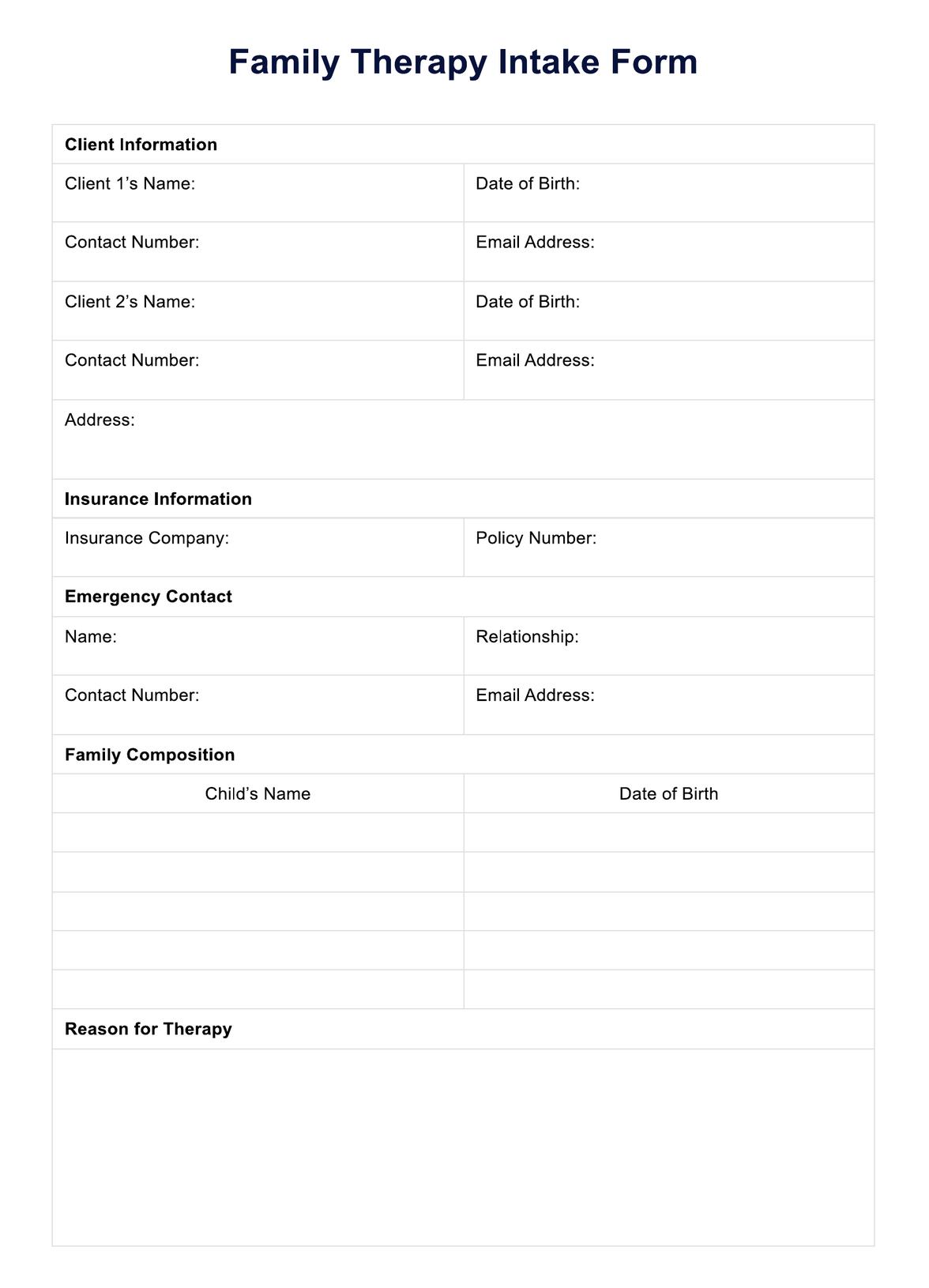 Family Therapy Intake Form PDF Example