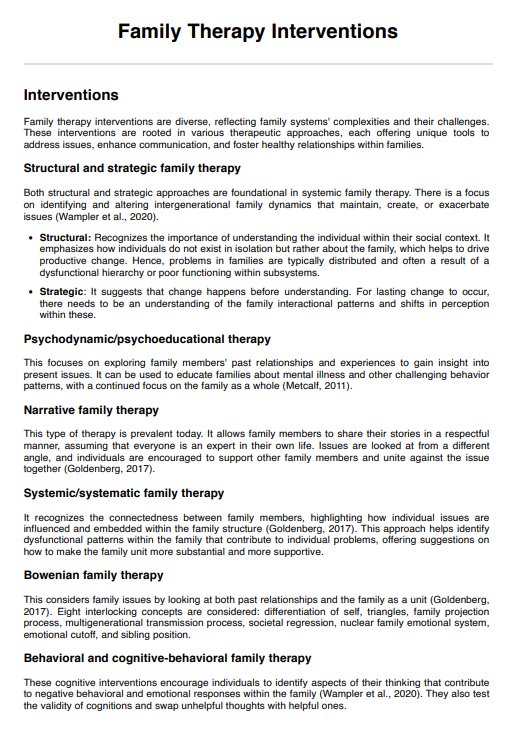 Family Therapy Interventions Handout PDF Example