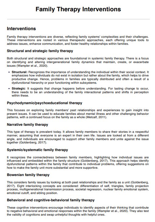 Folleto de intervenciones de terapia familiar PDF Example