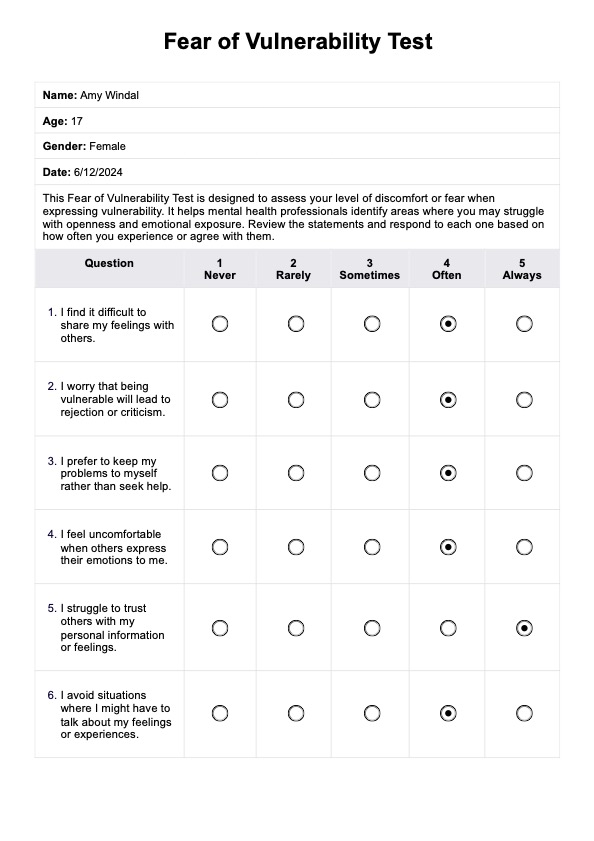 Fear of Vulnerability Test PDF Example