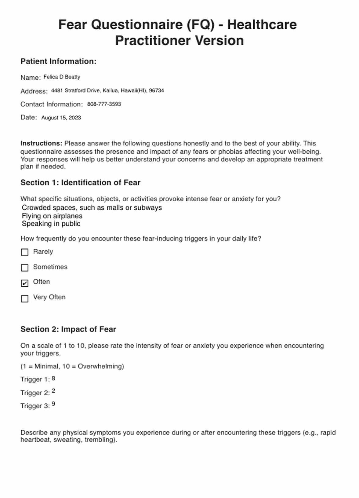 Fear Questionnaire (FQ) PDF Example