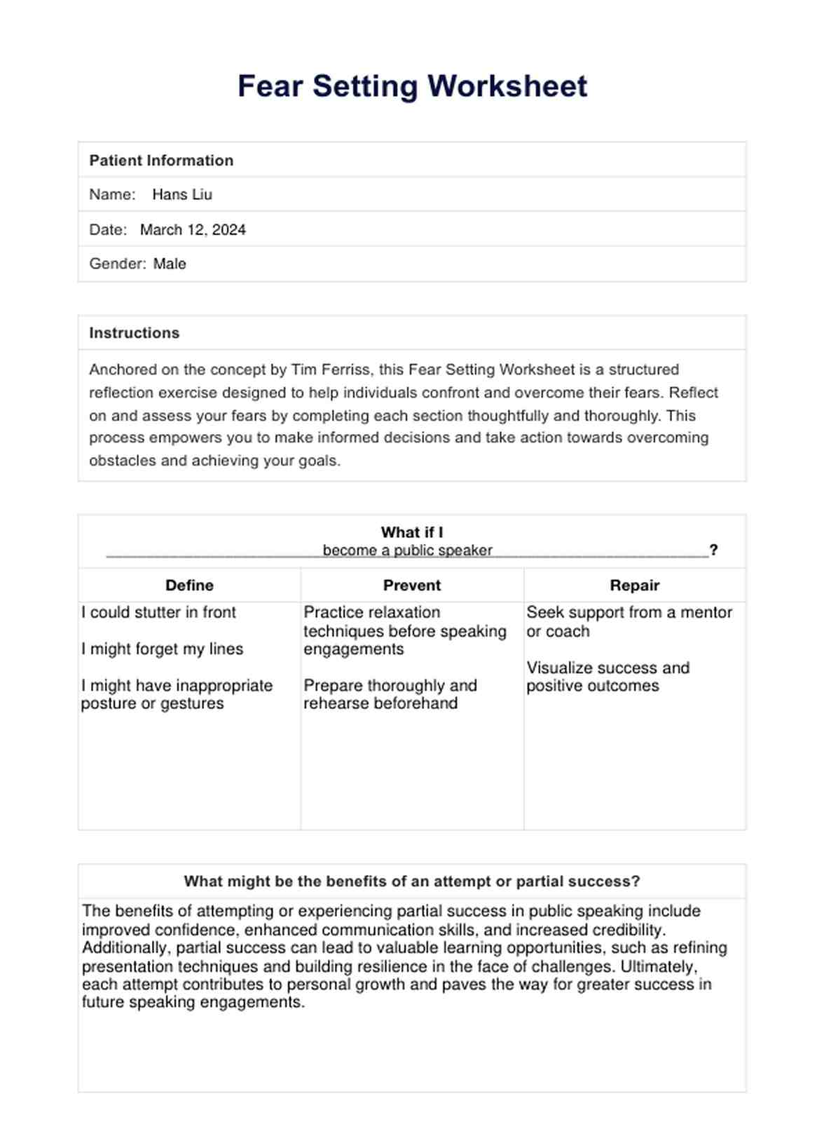 Fear Setting Worksheet PDF Example