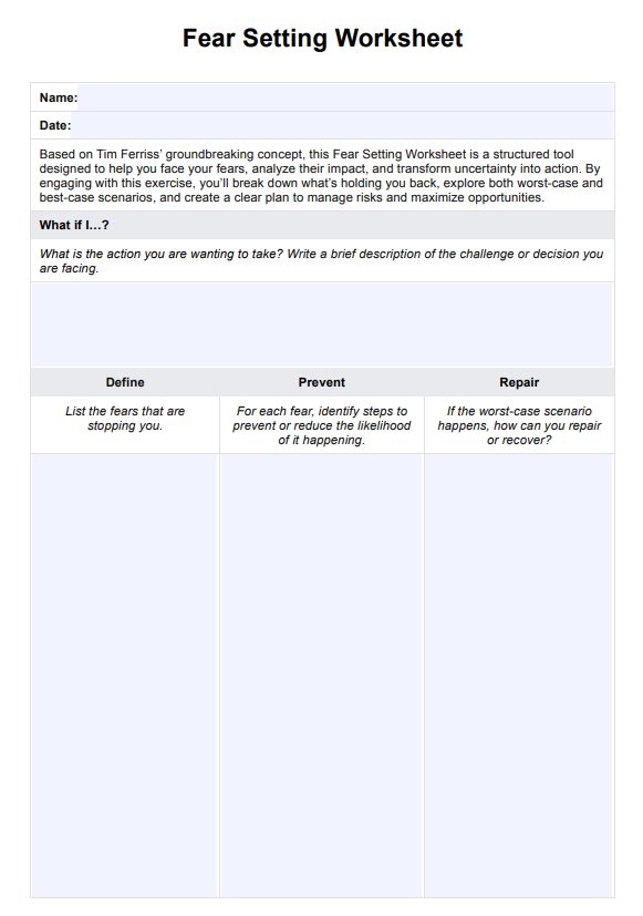 Fear Setting Worksheet PDF Example