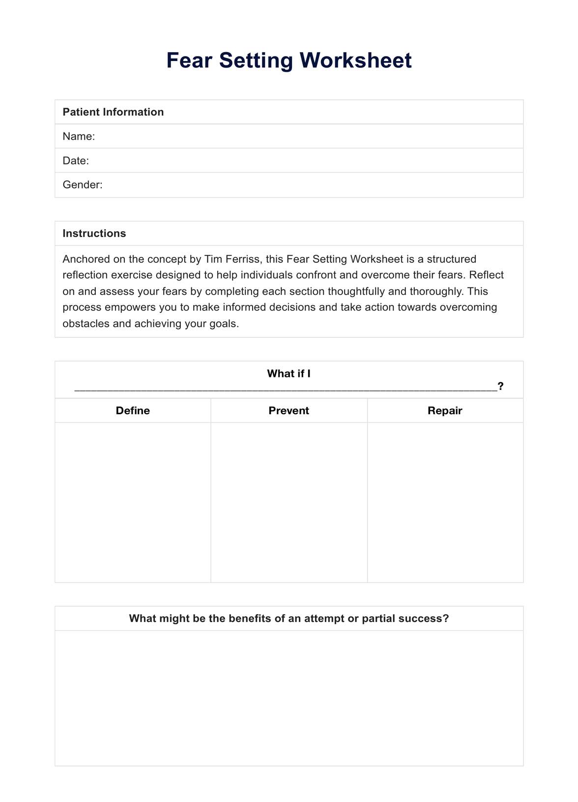 Fear Setting Worksheet PDF Example