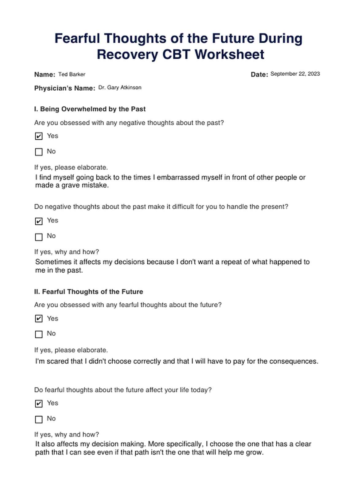 Fearful Thoughts of the Future During Recovery CBT Worksheet PDF Example