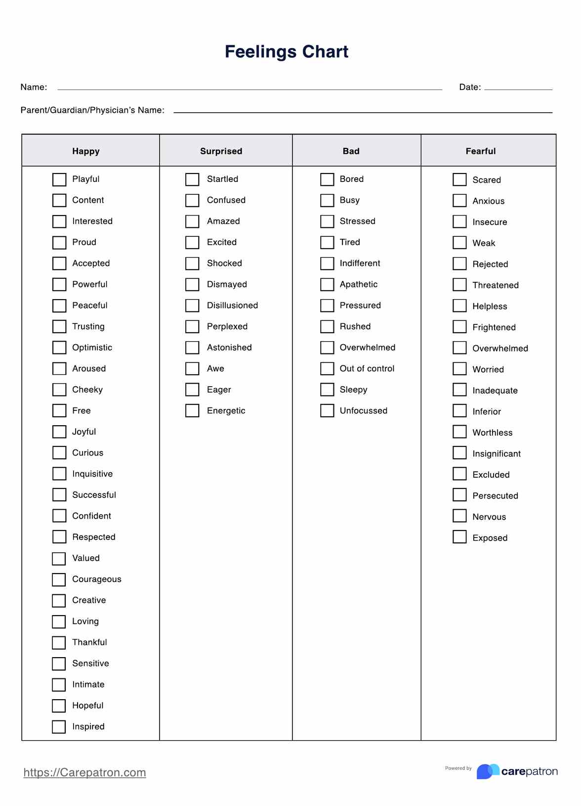 Feelings Chart For Adults PDF Example