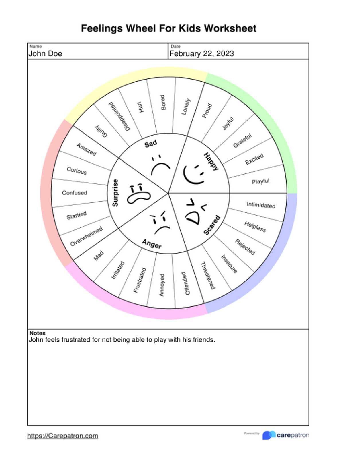 Feelings Wheel For Kids Worksheets PDF Example