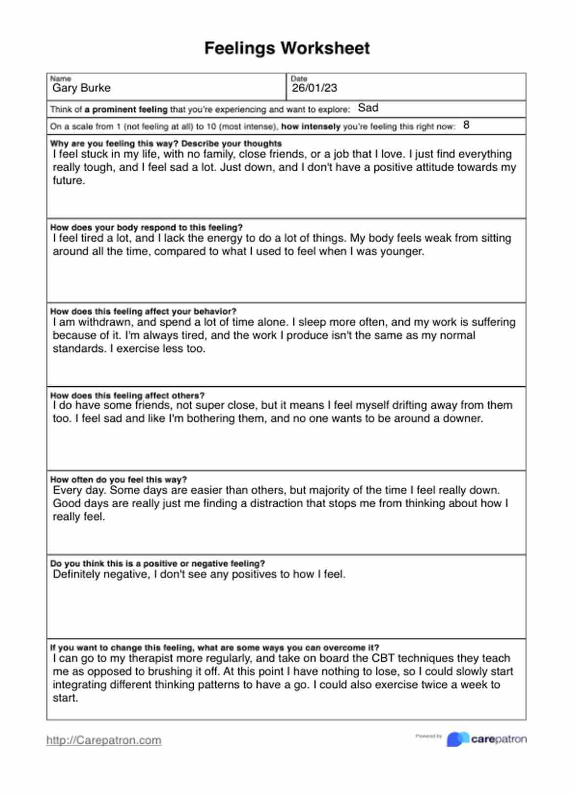 Hoja de Ejercicios de Sentimientos PDF Example