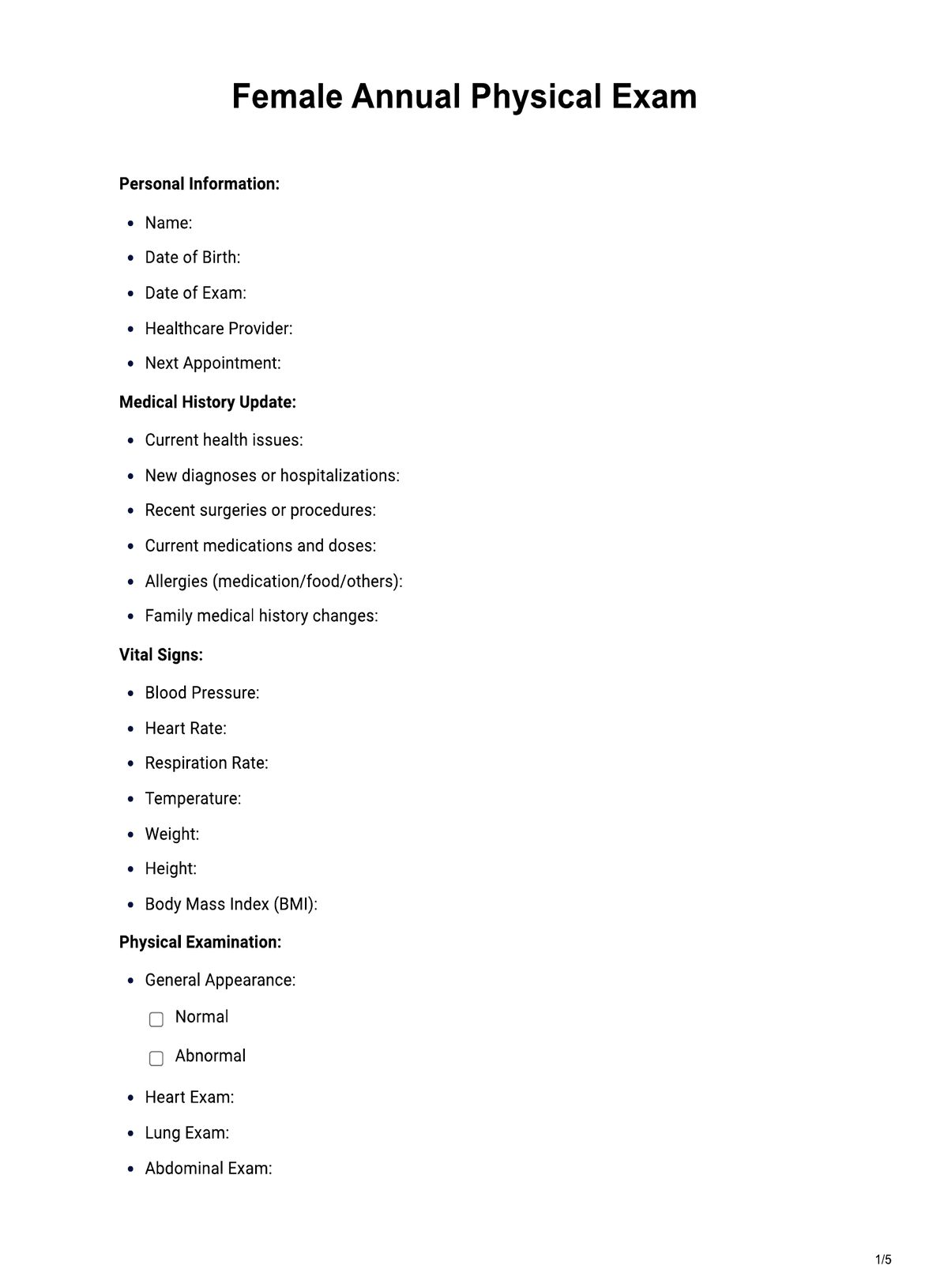 Female Annual Physical Exam PDF Example