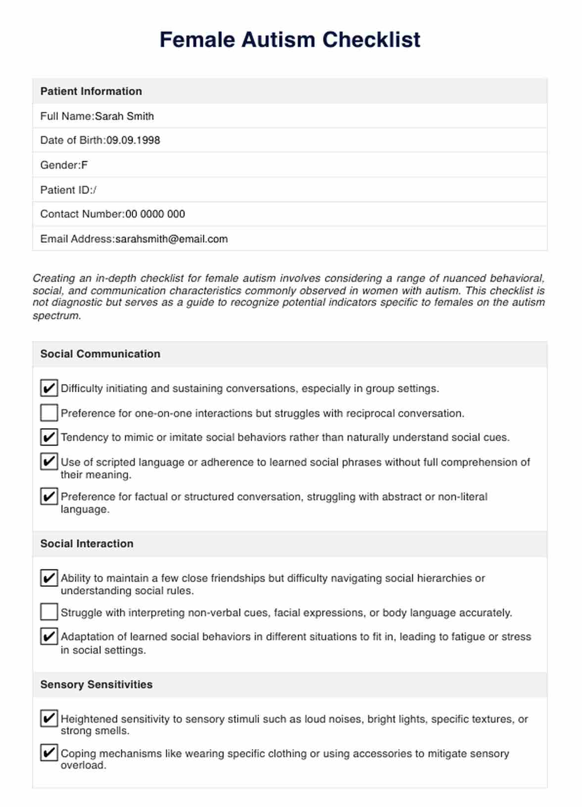 Female Autism Checklist PDF Example