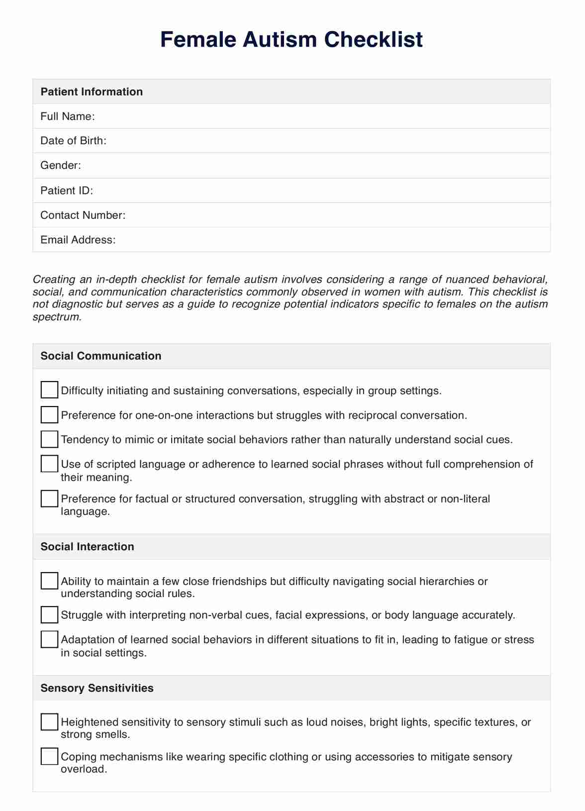Female Autism Checklist PDF Example