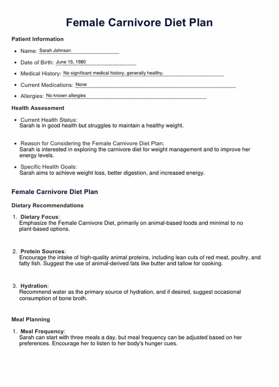 Female Carnivore Diet Plan PDF Example