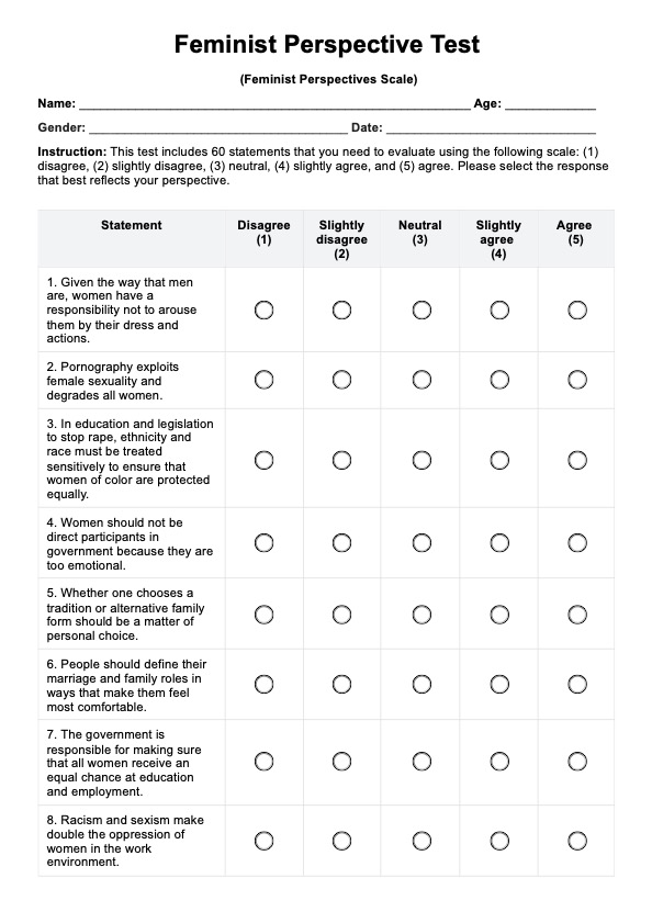 Feminist Perspective Test PDF Example