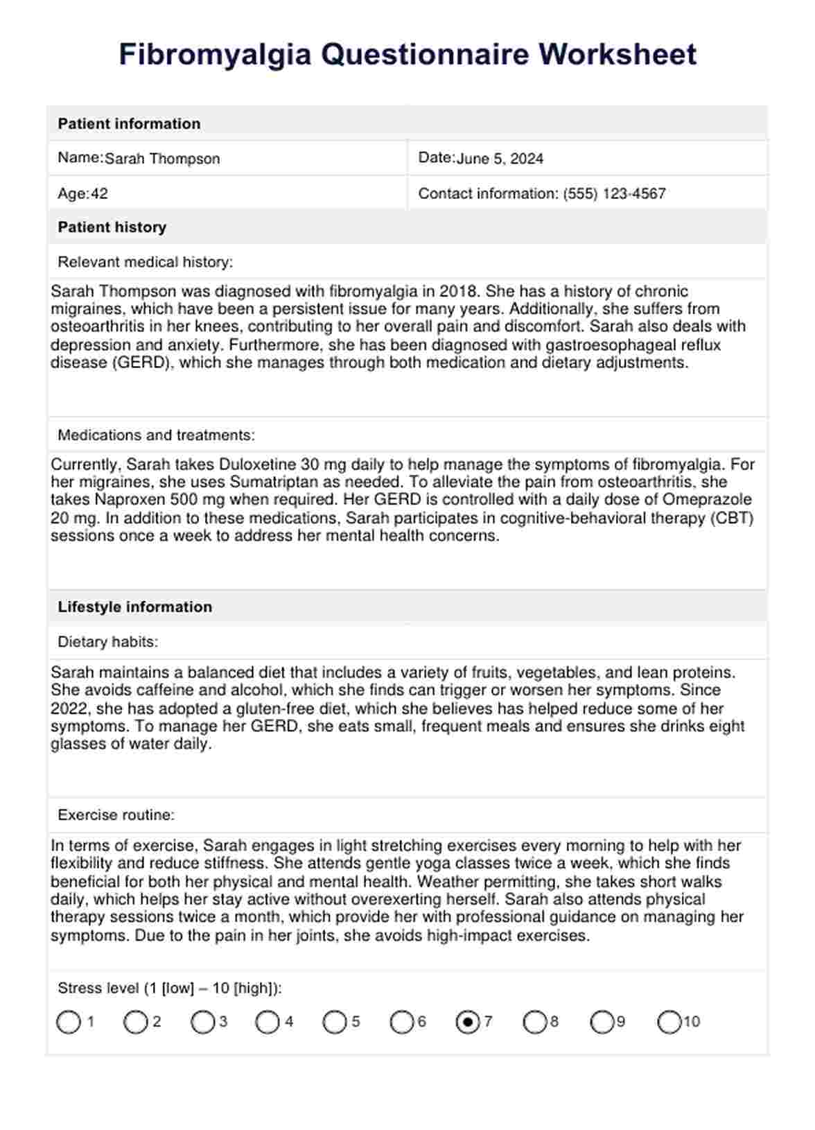 Fibromyalgia Questionnaire Worksheet PDF Example