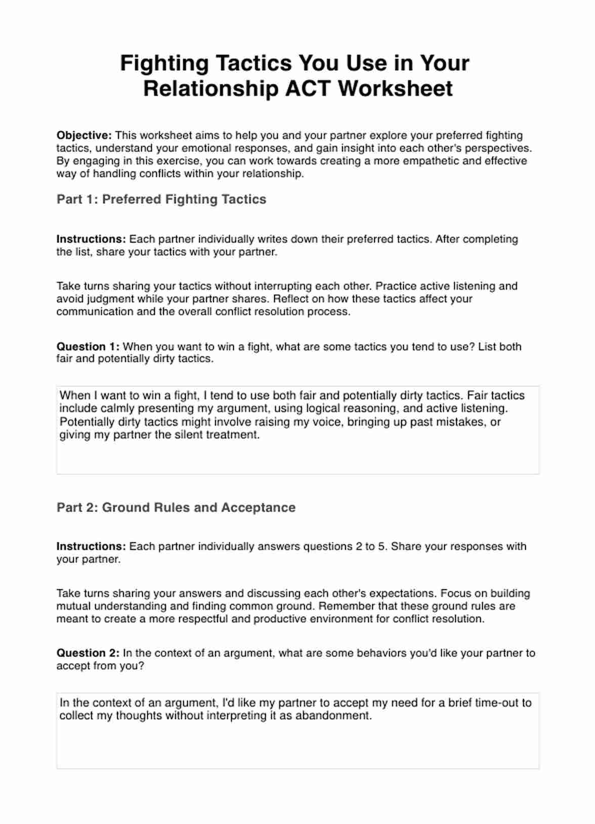 Fighting Tactics You Use in Your Relationship ACT Worksheet PDF Example