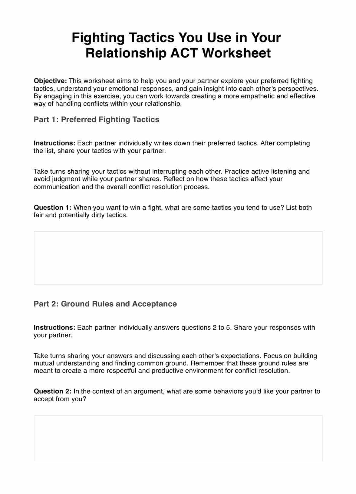 Fighting Tactics You Use in Your Relationship ACT Worksheet PDF Example