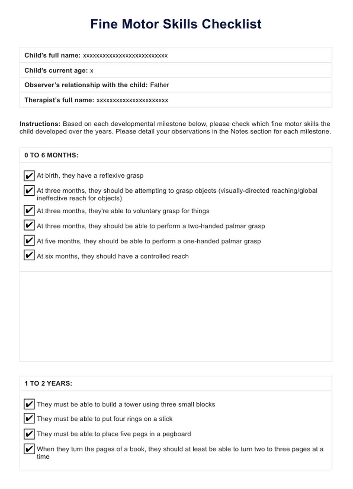 Fine Motor Skills Checklist PDF Example