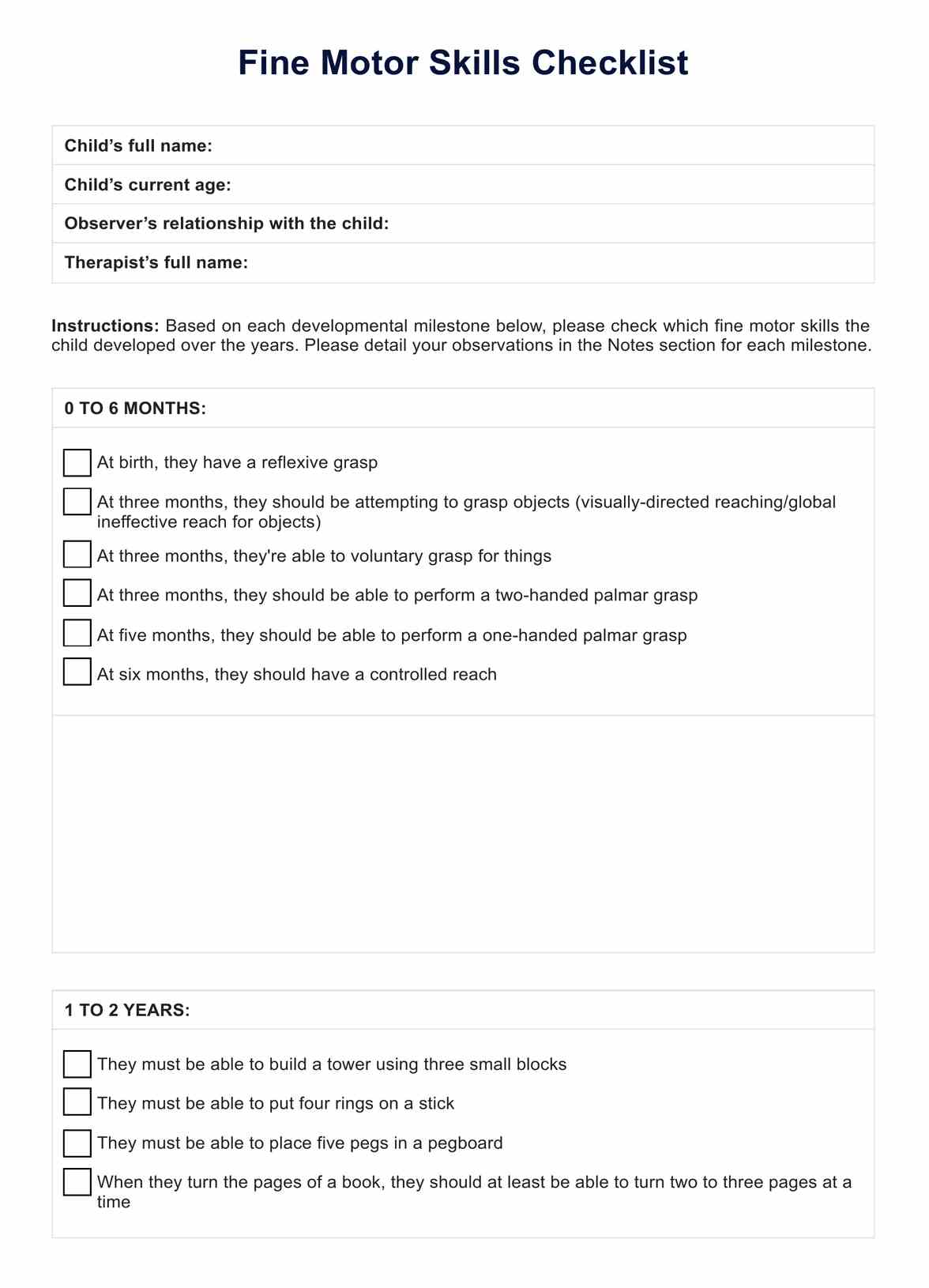Fine Motor Skills Checklist PDF Example