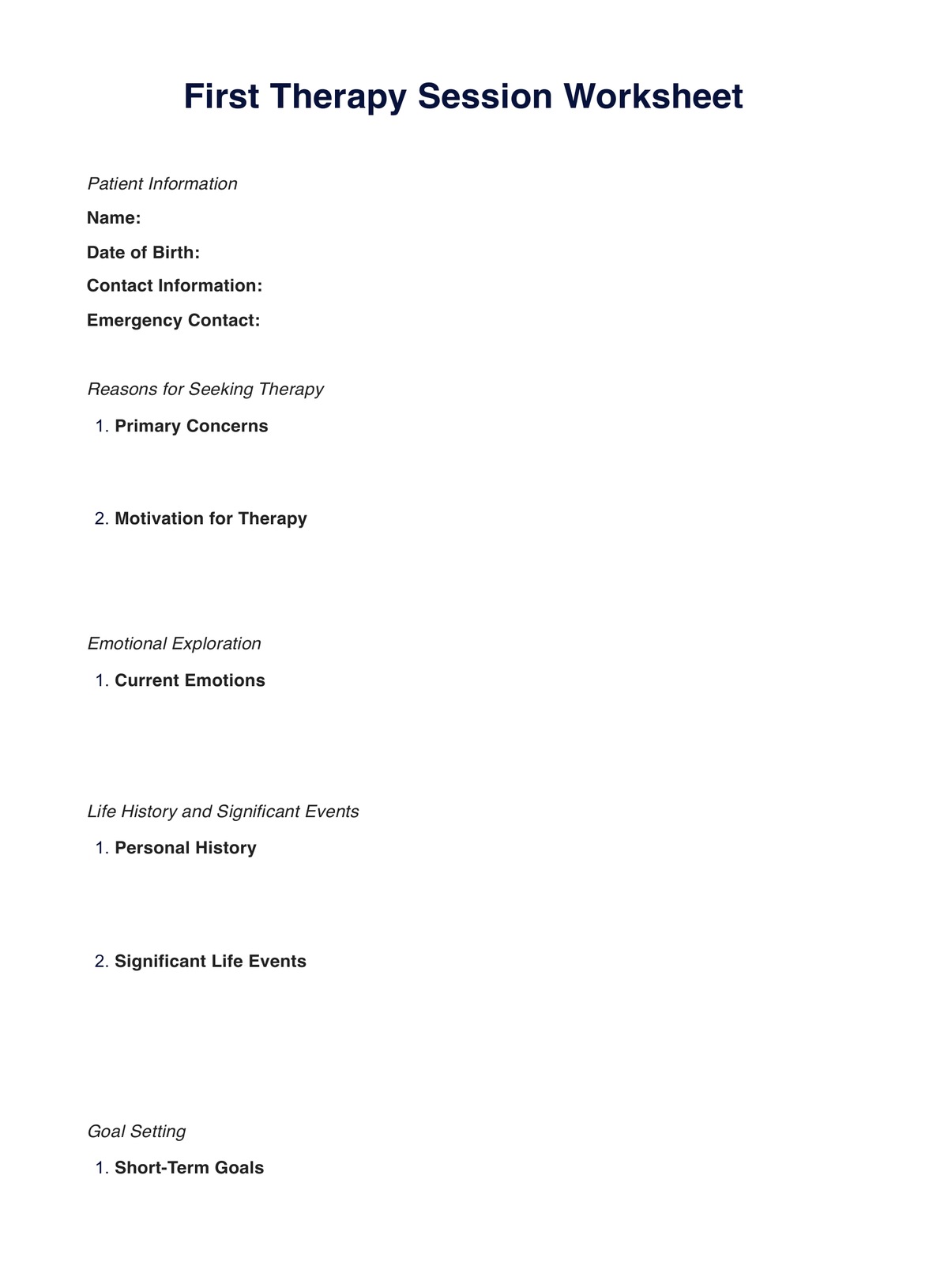 First Therapy Session Worksheet PDF Example