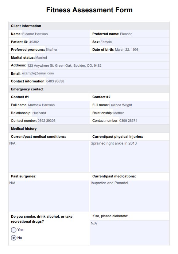 Fitness Assessment Form PDF Example