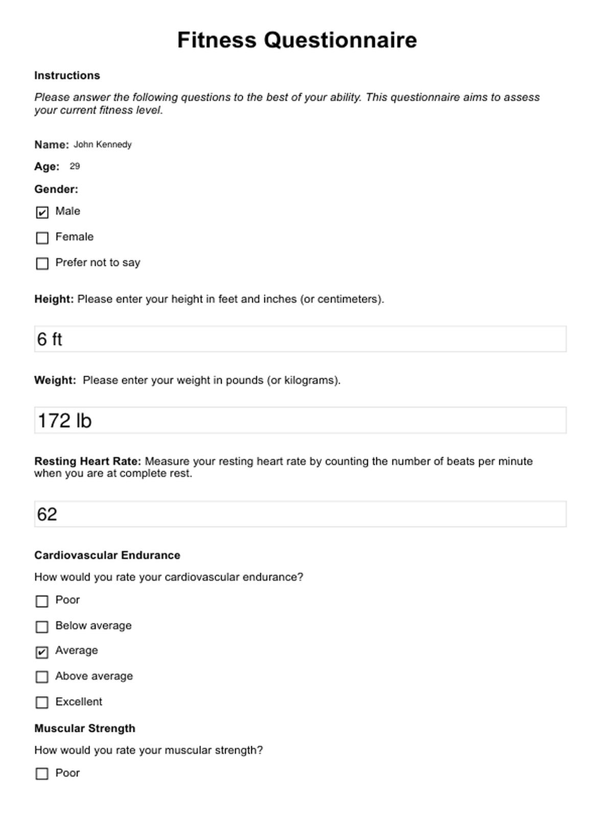 Fitness Questionnaire PDF Example