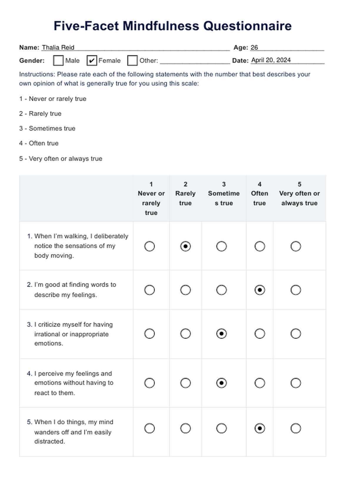 Five-Facet Mindfulness Questionnaire PDF Example