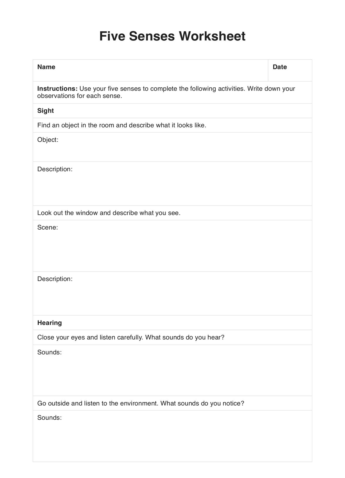 Five Senses Worksheet PDF Example