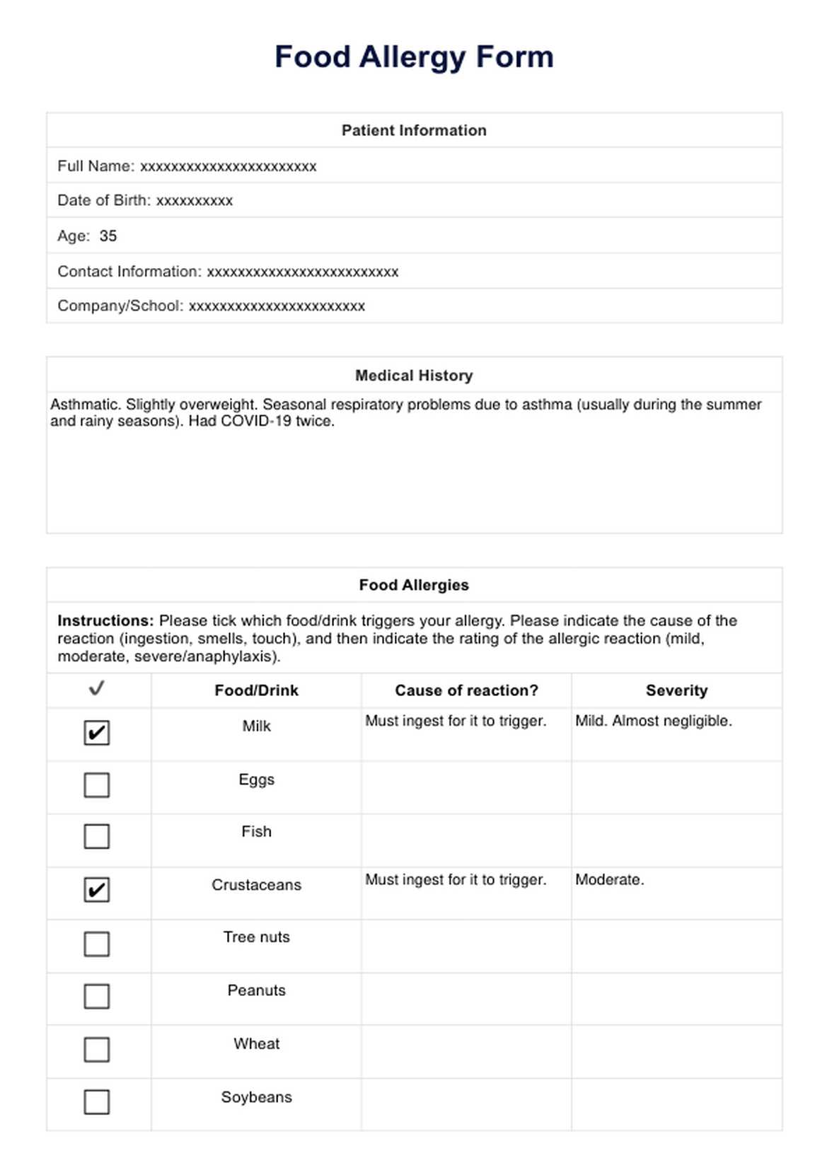 Food Allergy Form PDF Example