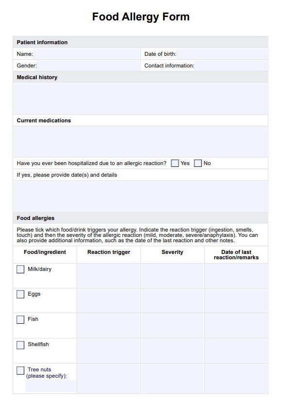 Food Allergy Form PDF Example