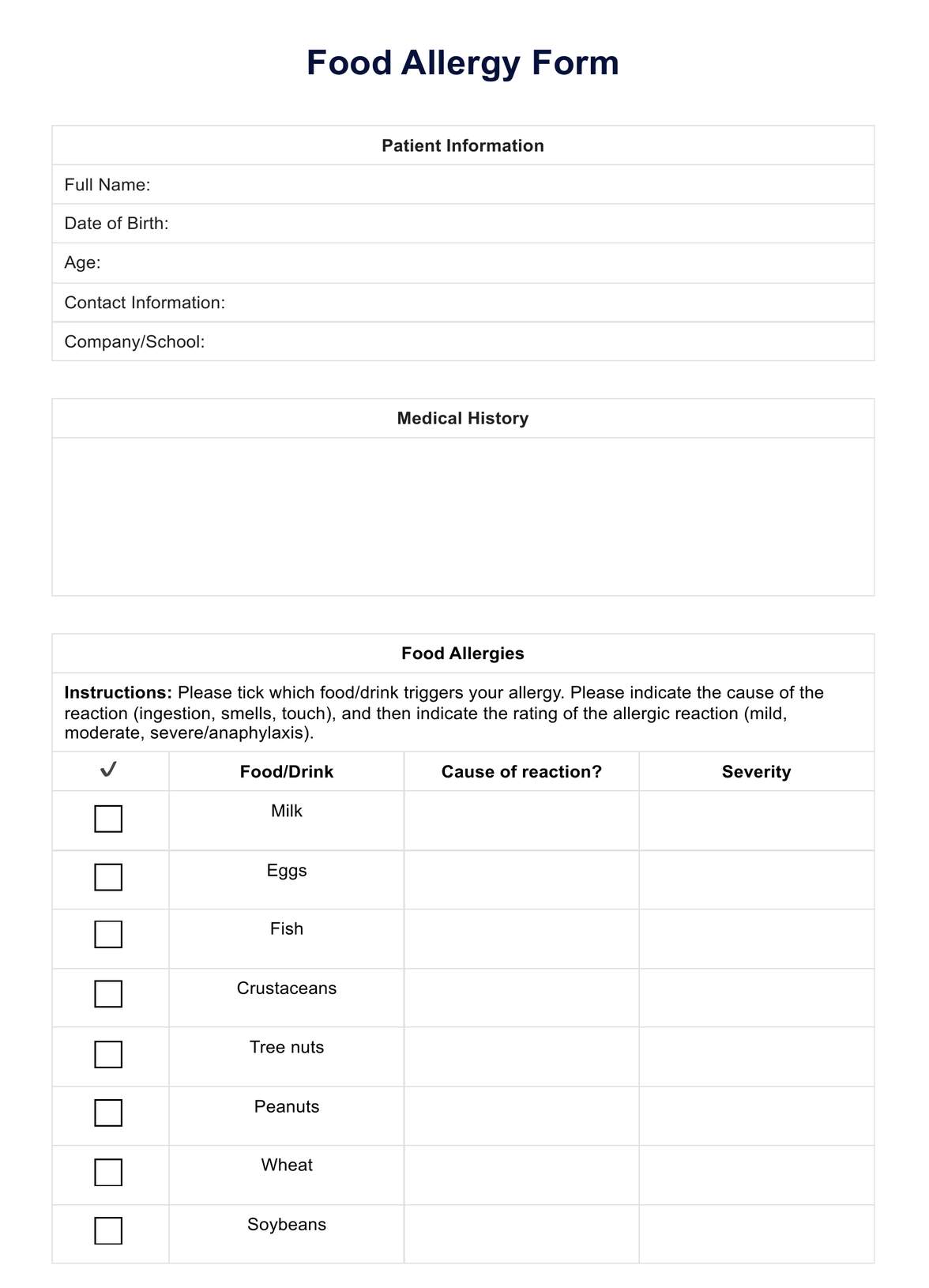 Food Allergy Form PDF Example