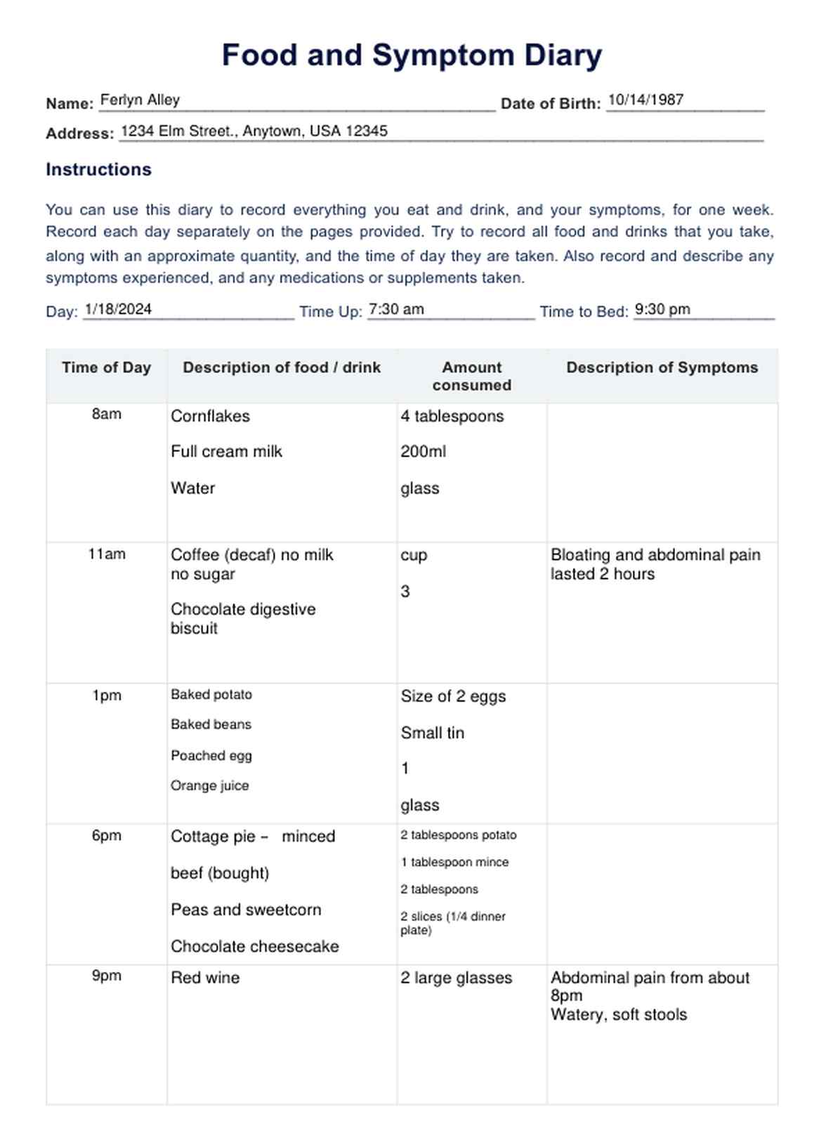 Food and Symptom Diary PDF PDF Example