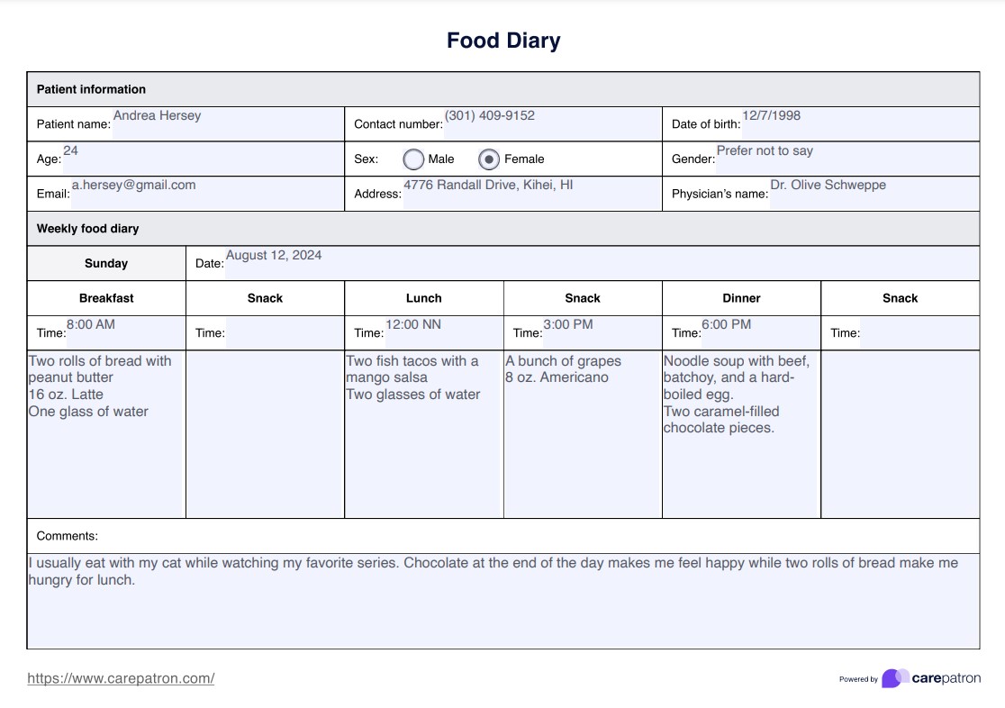 Plantilla de diario de alimentos PDF Example