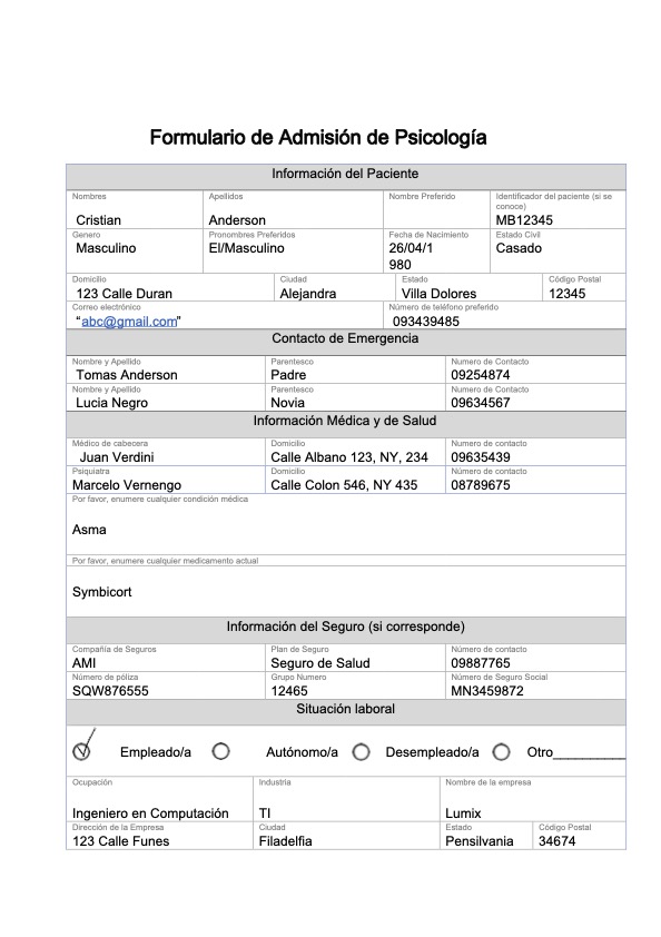 Formulario de admisión psicología PDF Example