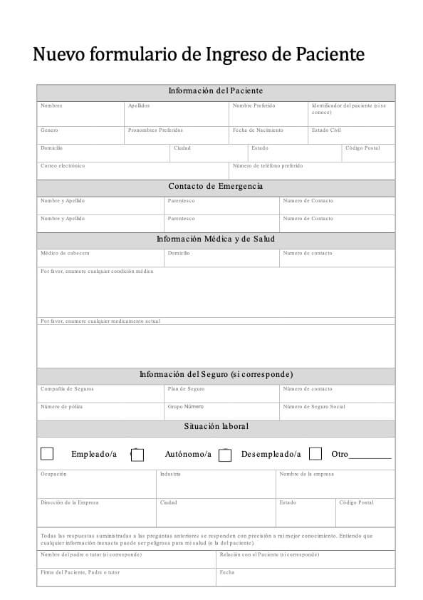 Formulario de admisión de nuevos pacientes PDF Example