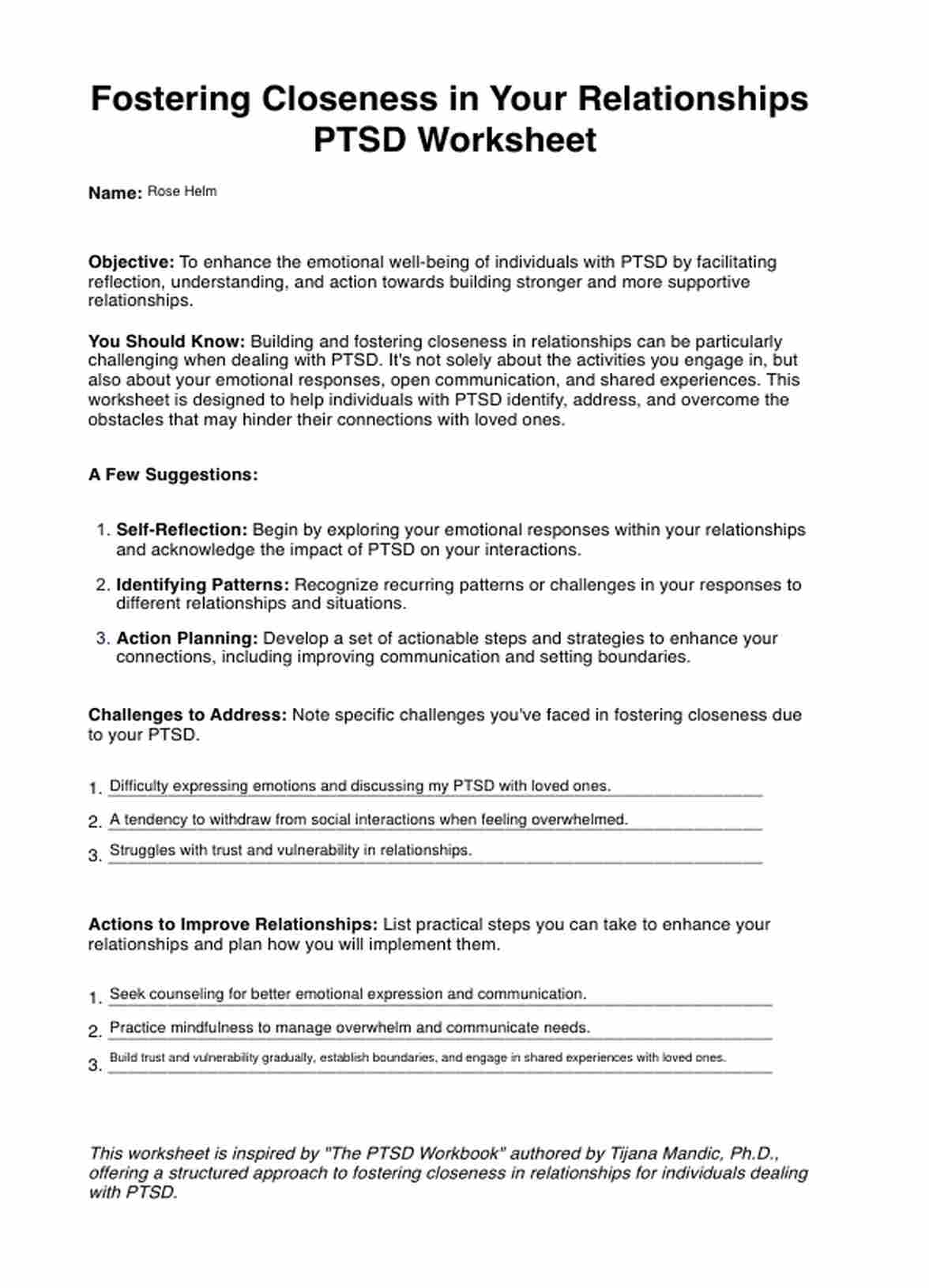 Fostering Closeness in Your Relationships PTSD Worksheet PDF Example