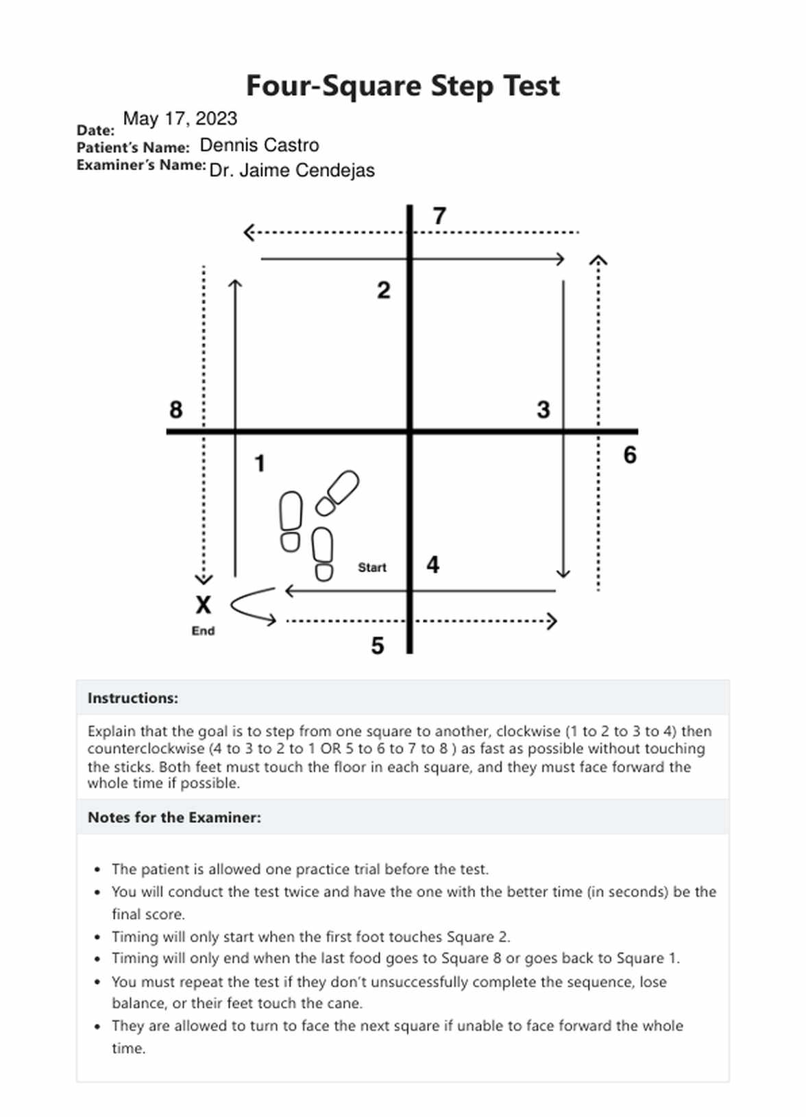 Four Square Step Test PDF Example