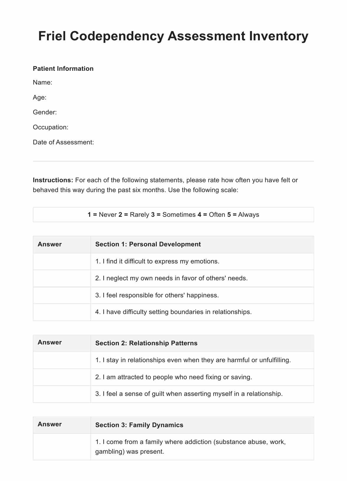 Friel Codependency Assessment Inventory PDF Example