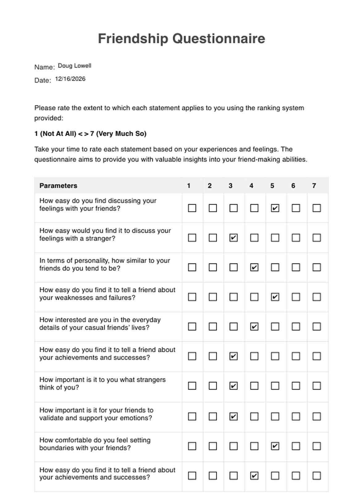 Friendship Questionnaire PDF Example