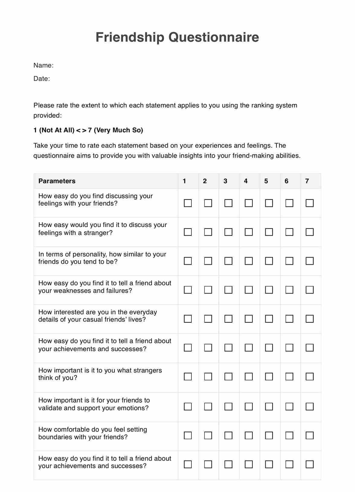 Friendship Questionnaire PDF Example