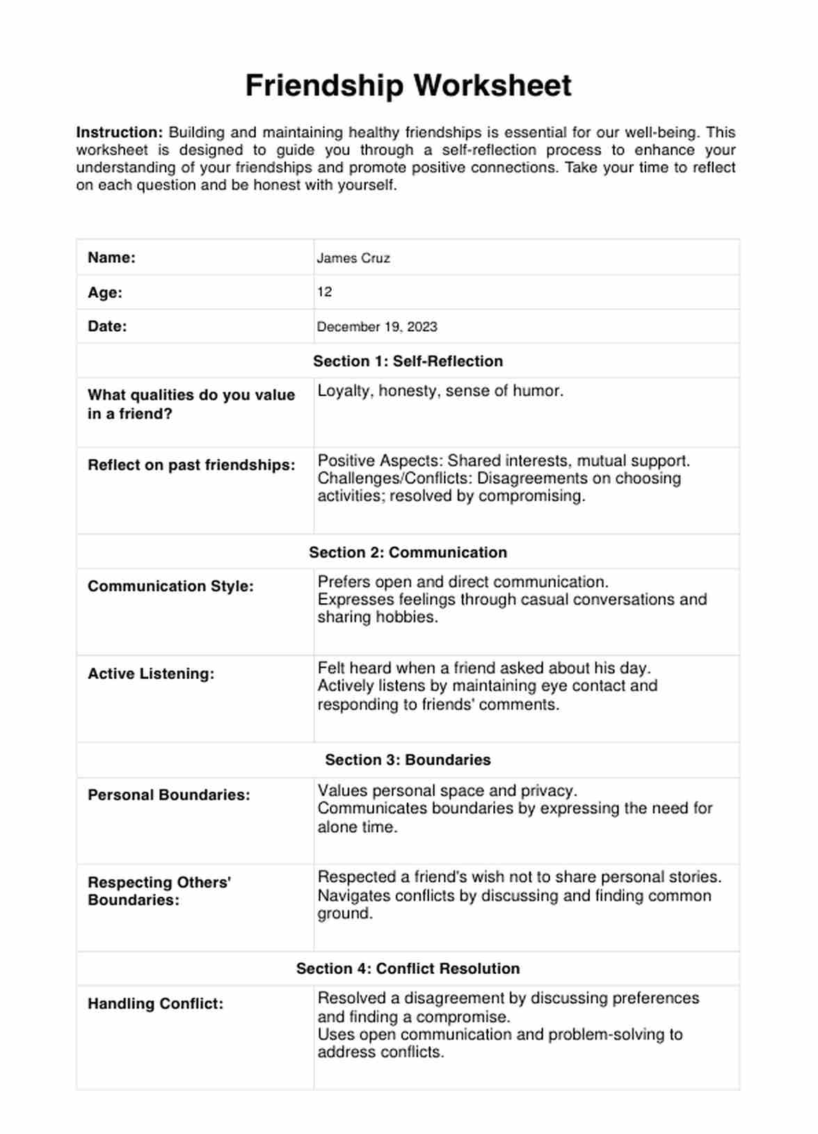 Friendship Worksheets PDF Example