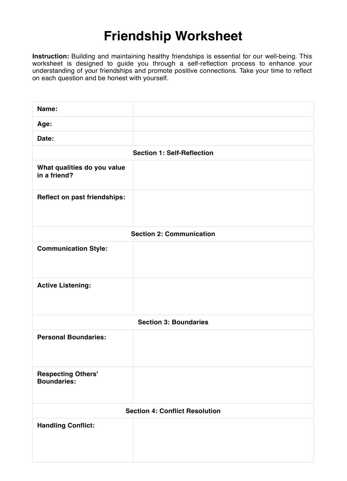 Friendship Worksheets PDF Example