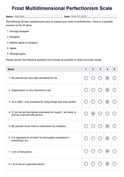 Frost Multidimensional Perfectionism Scale PDF Example